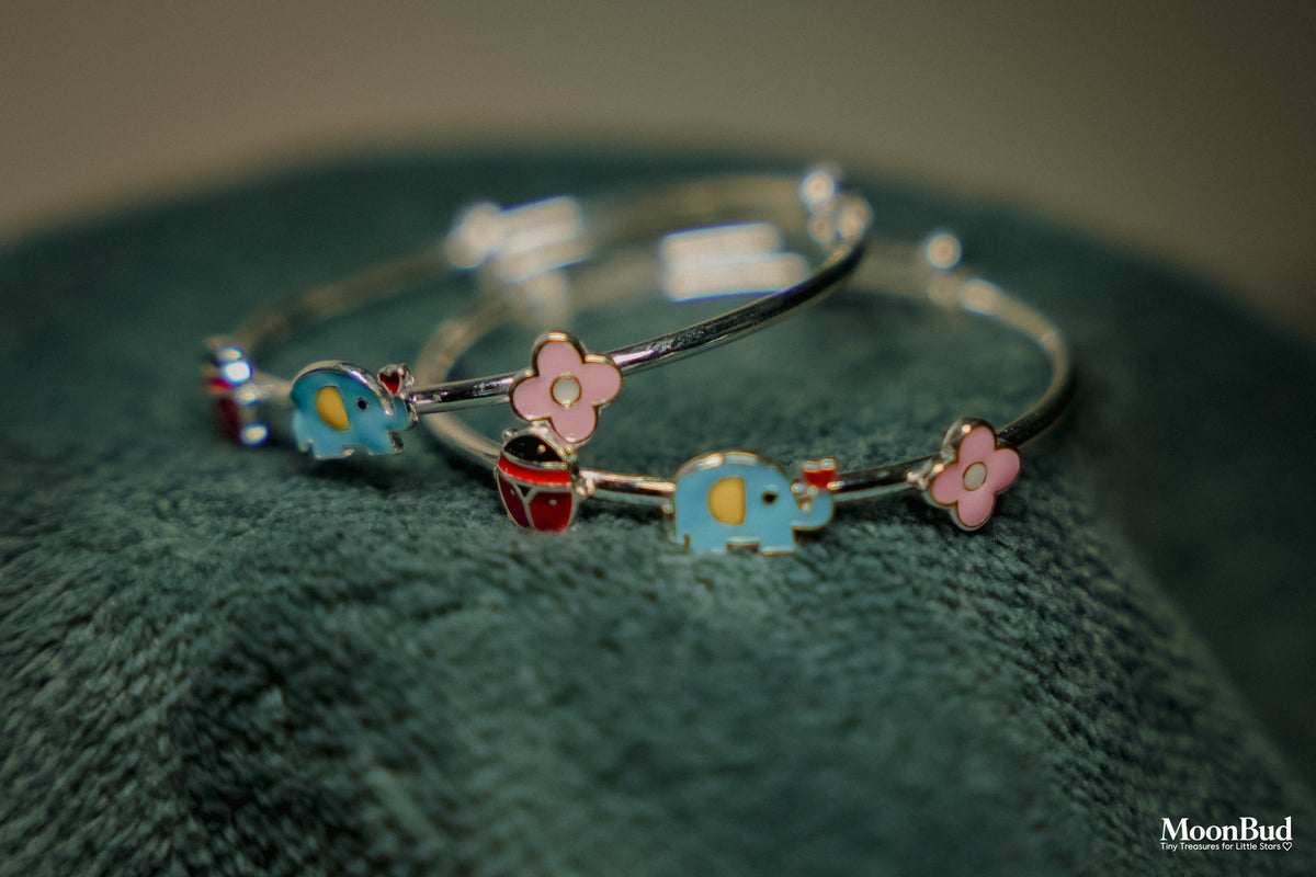 MoonBud Kids’ Elephant & Flower Charm Bangles – Cute Silver-Tone Bracelets
